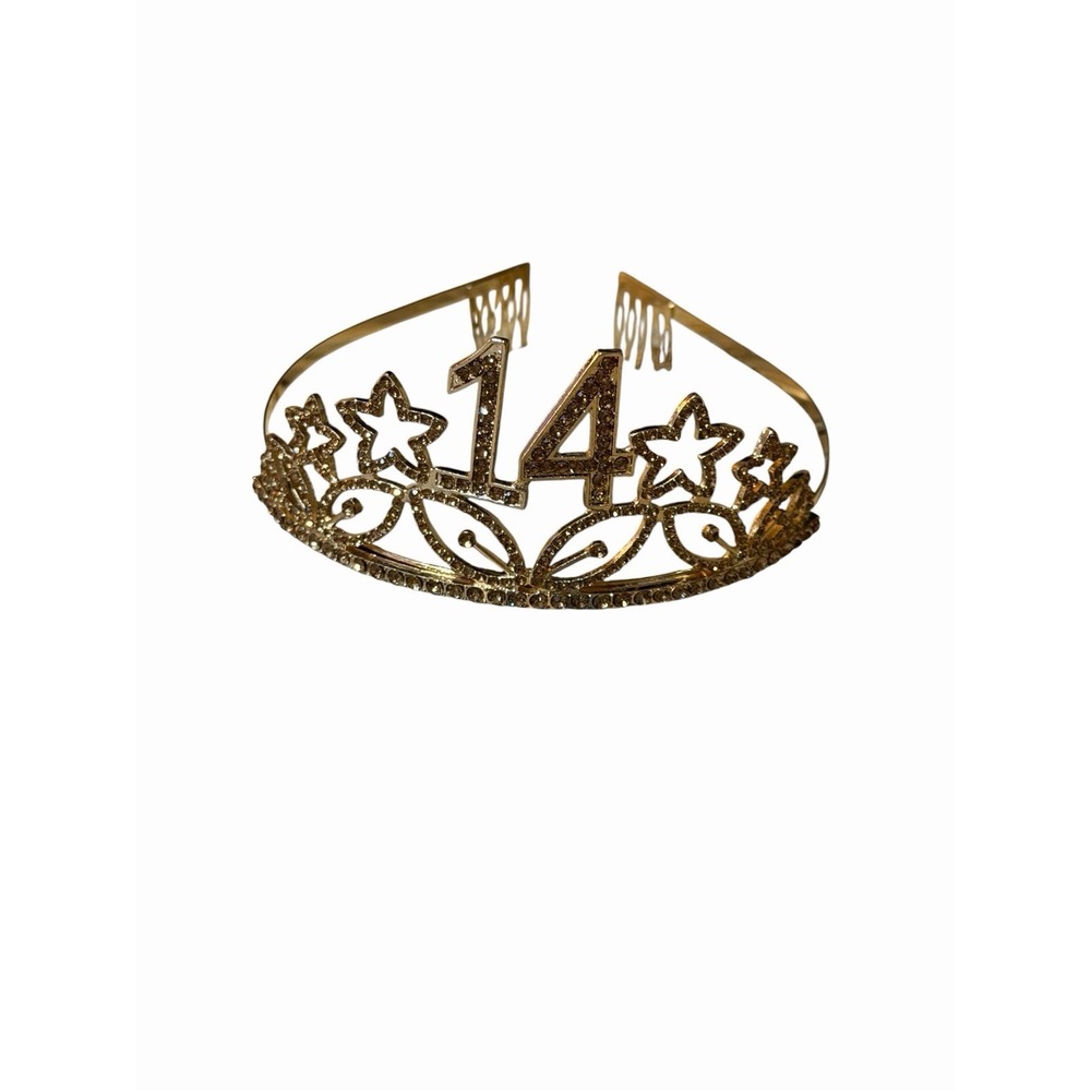 Gold 14th Birthday Tiara-Rhinestone Star Princess Crown For 15th Bday